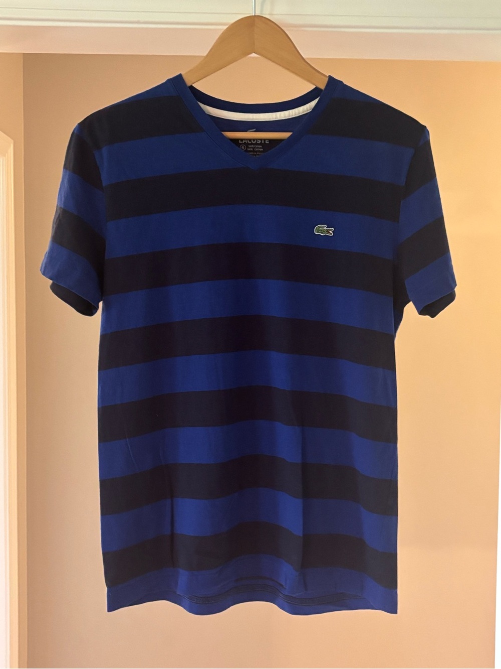 Lacoste Men's Royal Blue & Black Striped V-Neck Tee